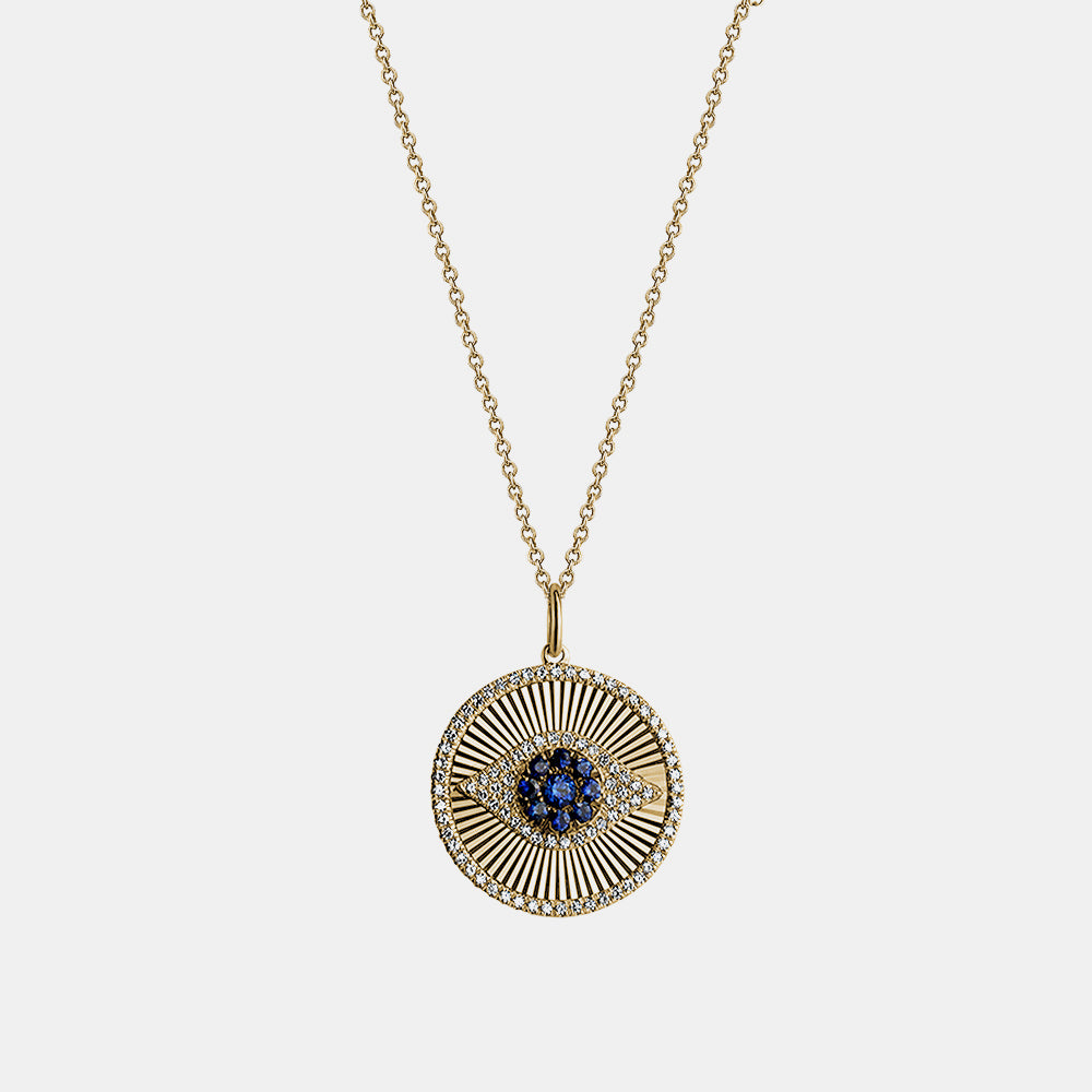 Diamond Blue Sapphire Fluted Evil Eye Necklace