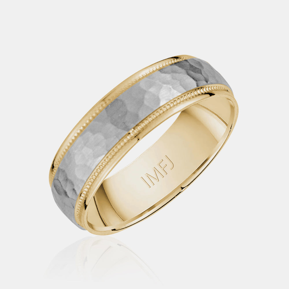 10K Two-Tone Brushed Hammered Center with Milgrain Edges Wedding Band