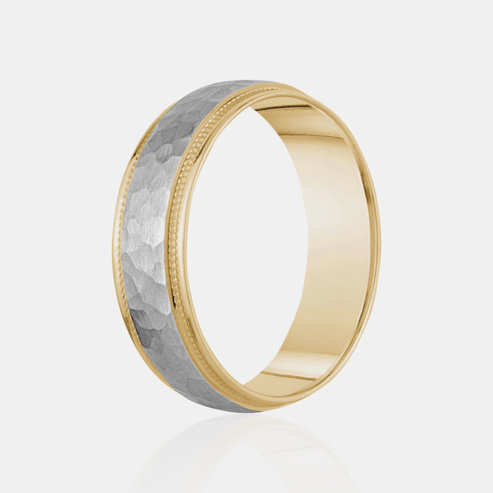 10K Two-Tone Brushed Hammered Center with Milgrain Edges Wedding Band