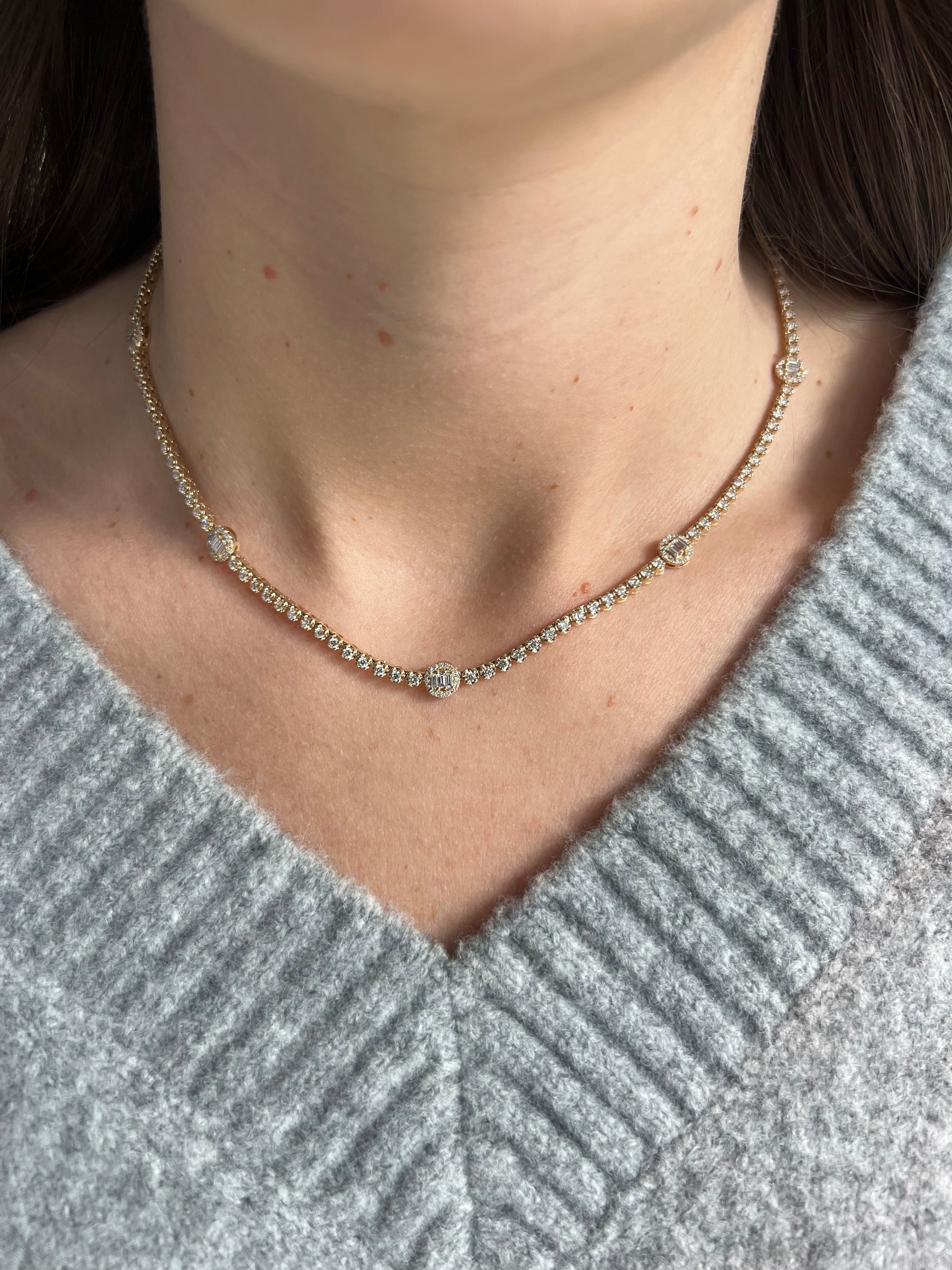 Diamond Station Baguette Tennis Necklace