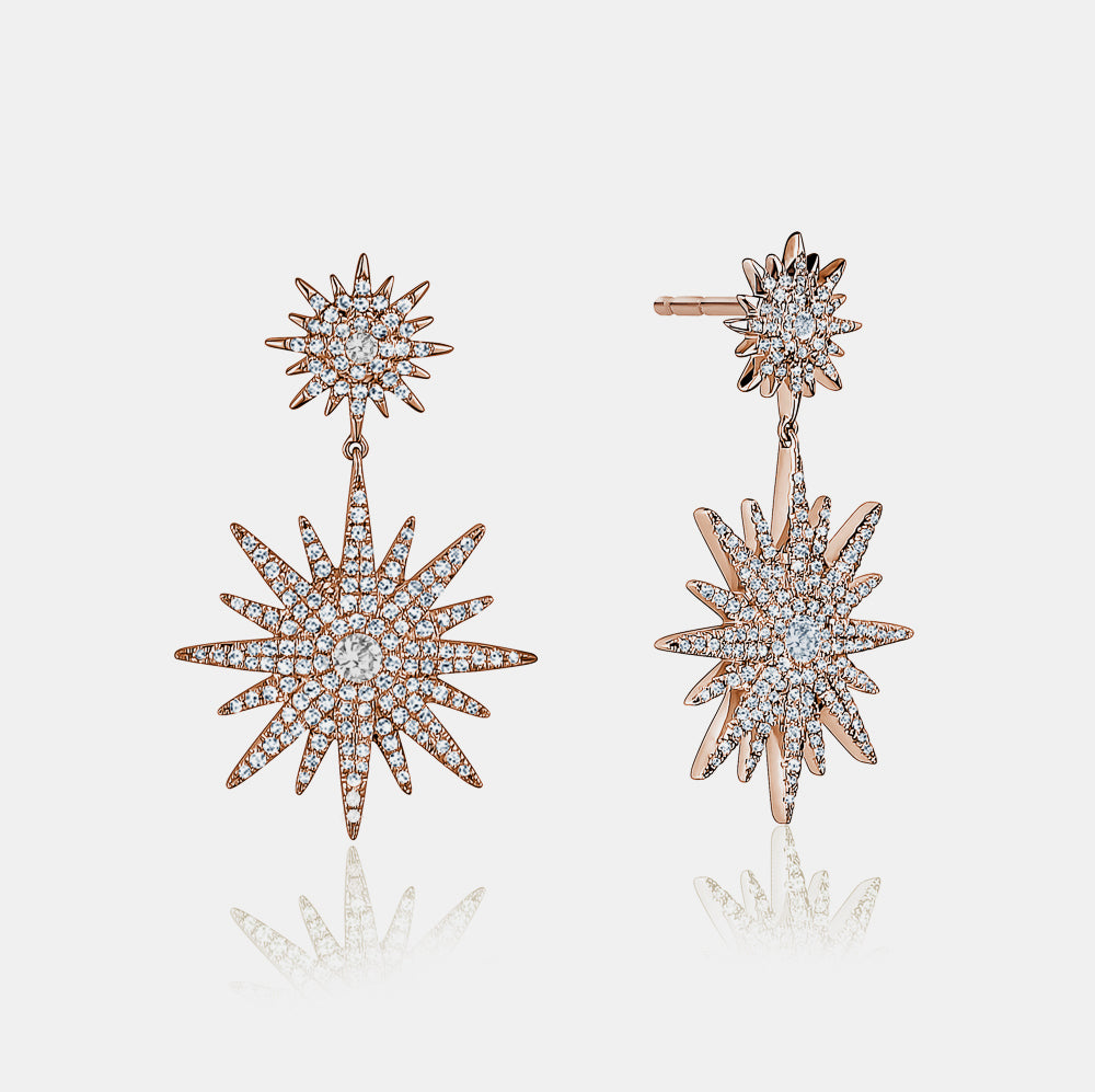 Boucles d'Oreilles en Diamant à Double Étoile Pendante
