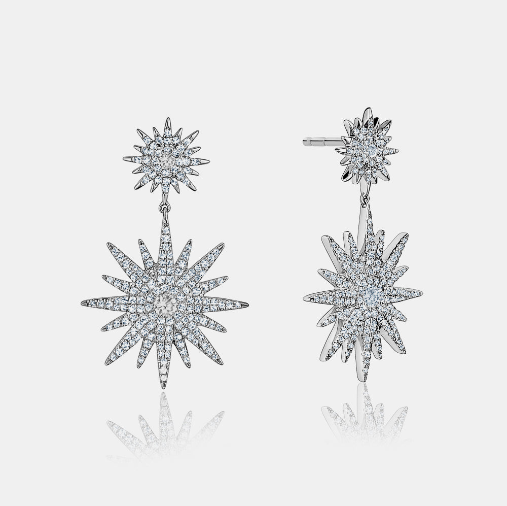 Boucles d'Oreilles en Diamant à Double Étoile Pendante