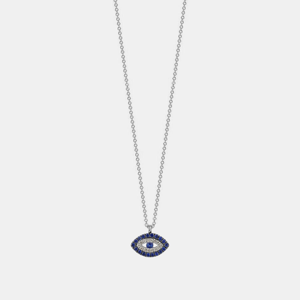 Diamond Evil Eye Blue Sapphire Border Necklace