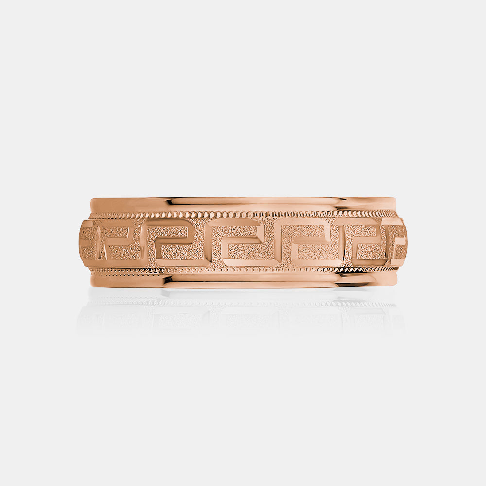 Alliance 18K avec symbole grec arrondi et bordure à grains multiples