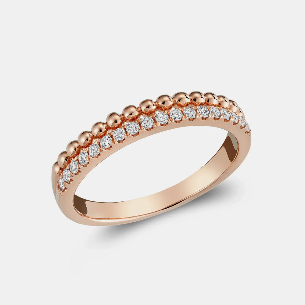 Double Row Beaded and Diamond Ring - 14K Rose Gold