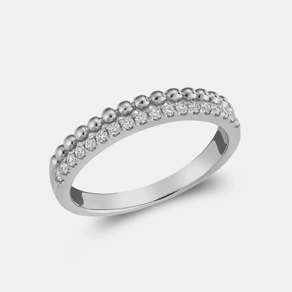 Double Row Beaded and Diamond Ring - 14K White Gold