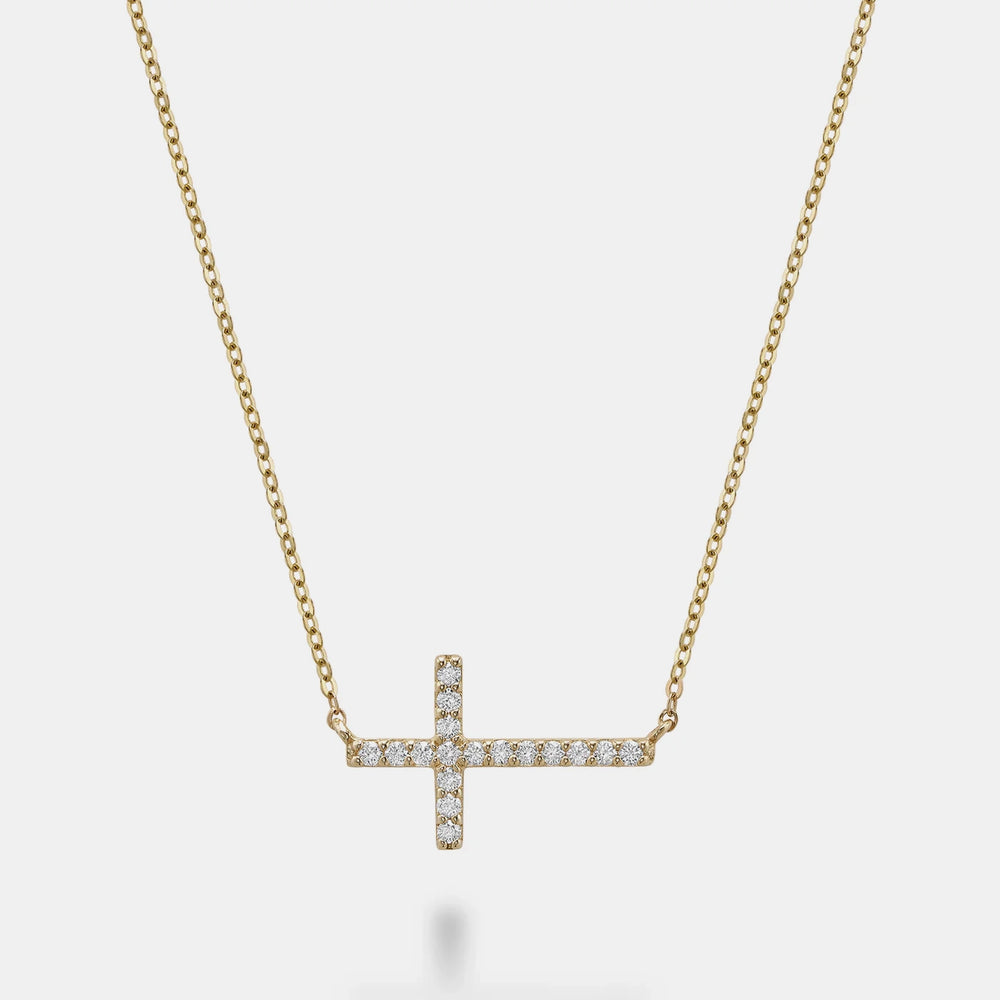 Horizontal Diamond Cross Necklace - 14K Yellow Gold