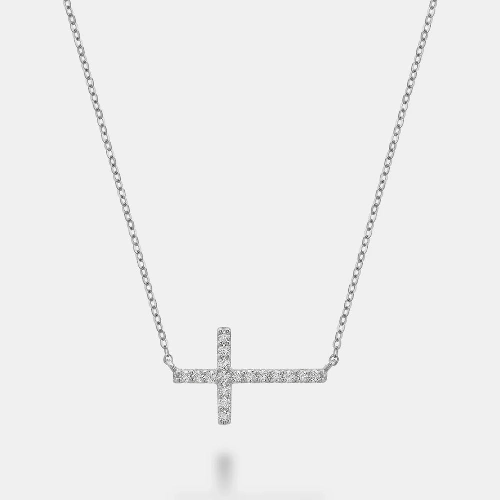 Horizontal Diamond Cross Necklace - 14K White Gold