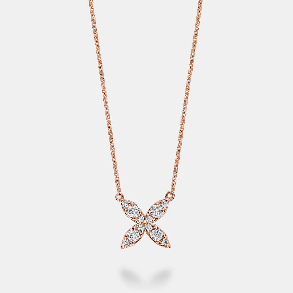 Diamond Cluster Flower Necklace - 14K Rose Gold
