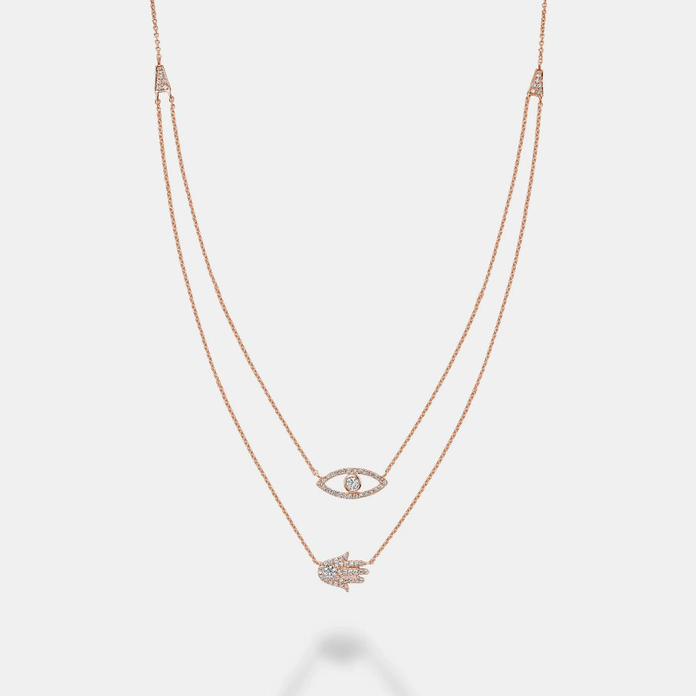 Double Row Evil Eye Hamsa Necklace - 14K Rose Gold