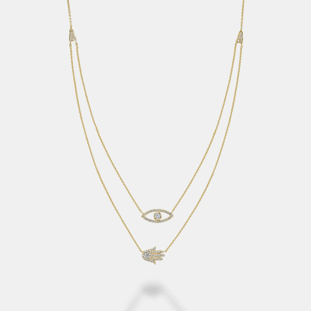 Double Row Evil Eye Hamsa Necklace - 14K Yellow Gold