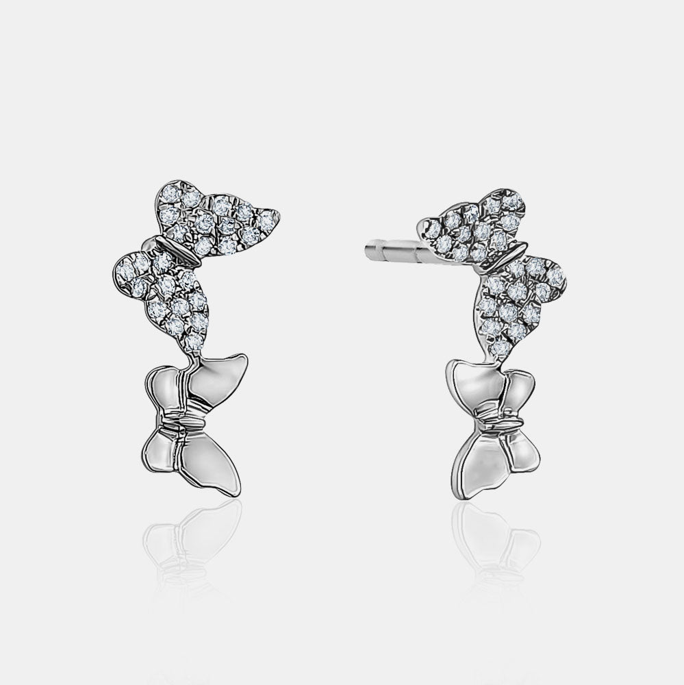Double Diamond Butterfly Studs - 14K White Gold
