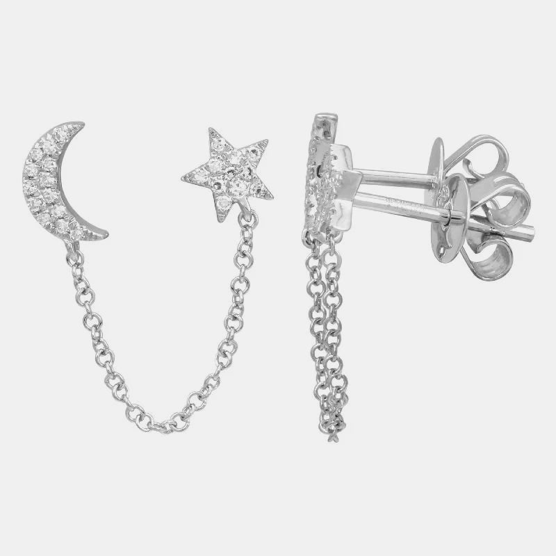 Diamond Star Moon Chain Earrings - 14K White Gold