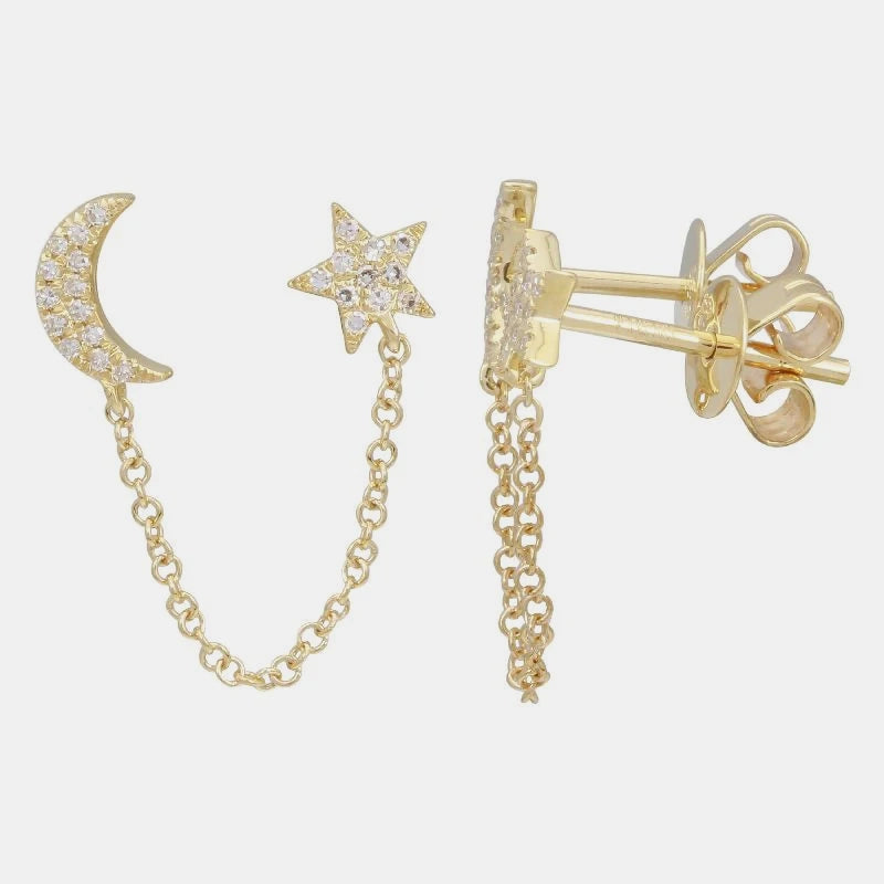 Diamond Star Moon Chain Earrings - 14K Yellow Gold