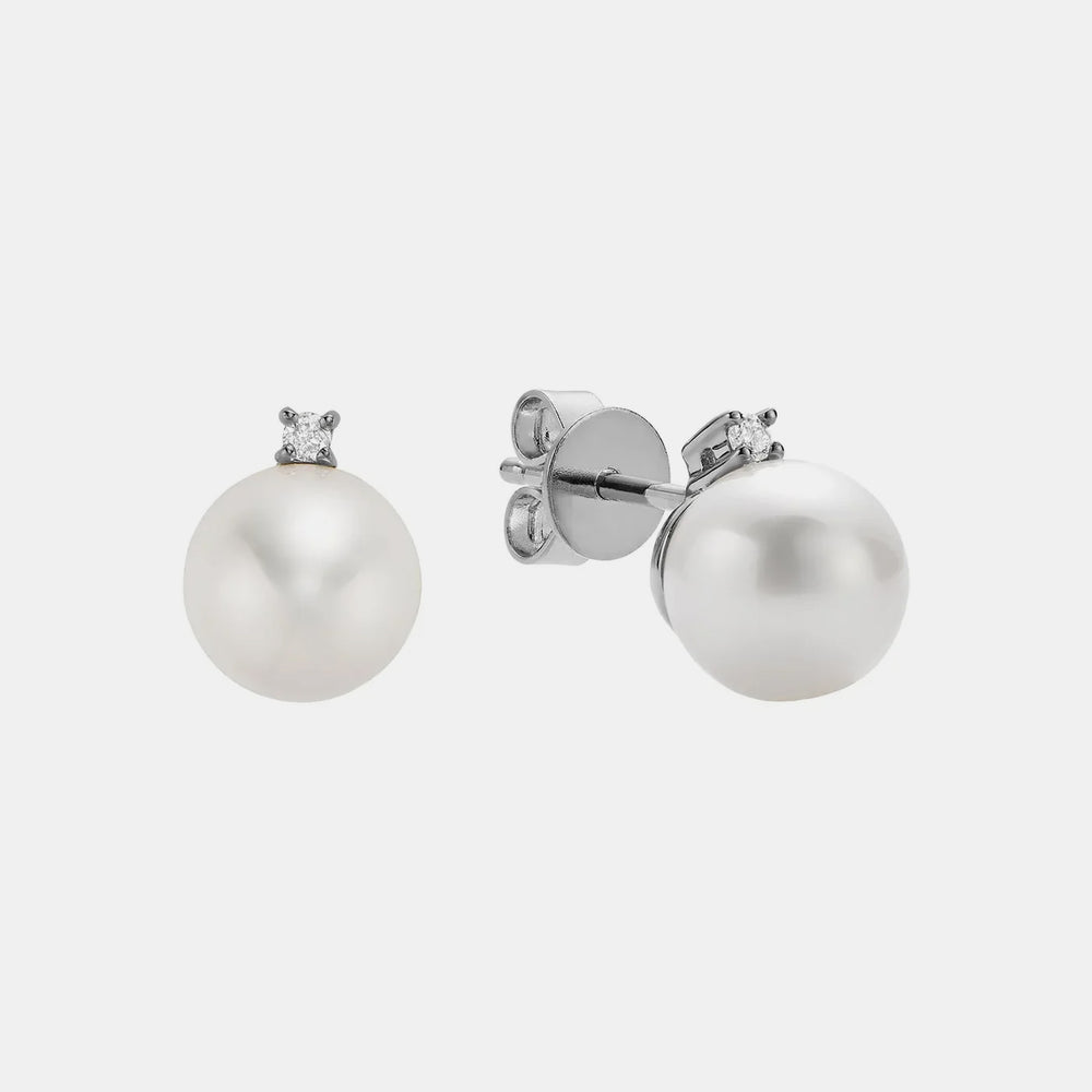 Cultured Freshwater Pearl and Diamond Studs - 14K White Gold