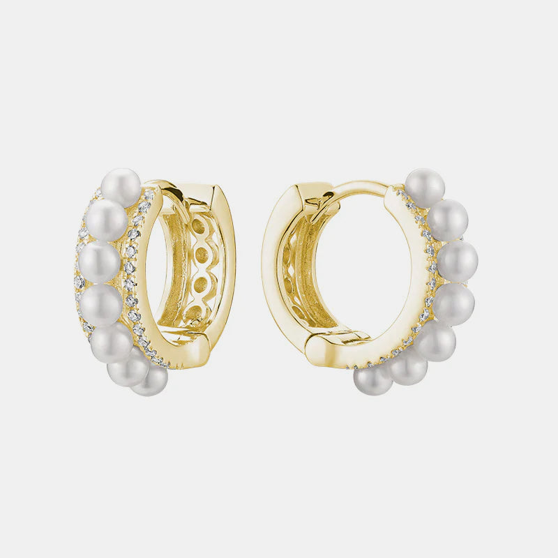 Pearl Diamond Huggies - 14K Yellow Gold