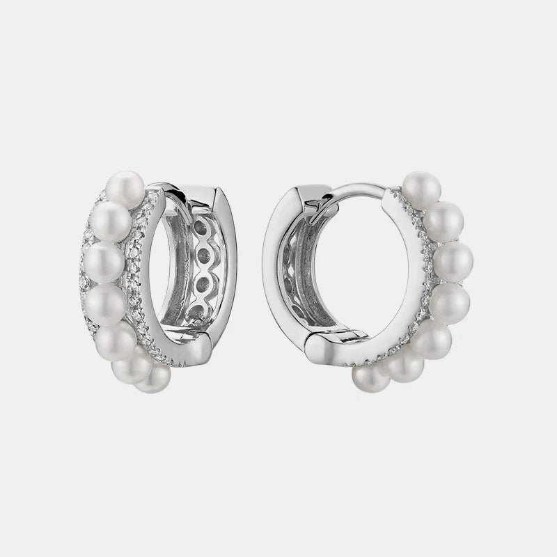 Pearl Diamond Huggies - 14K White Gold