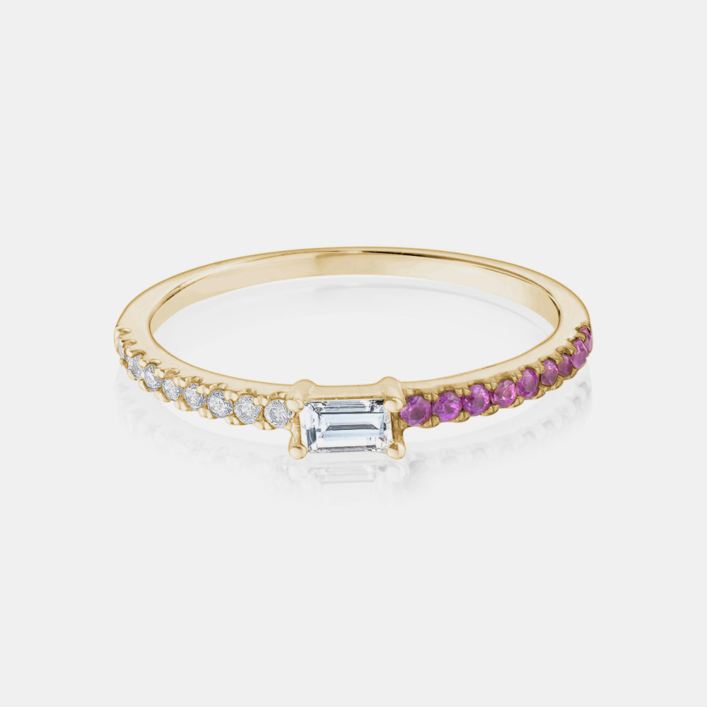 Half Diamond Half Pink Sapphire Baguette Ring