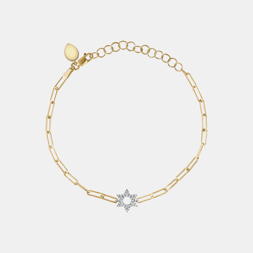 Diamond Star of David Paperclip Bracelet - 14K Yellow Gold