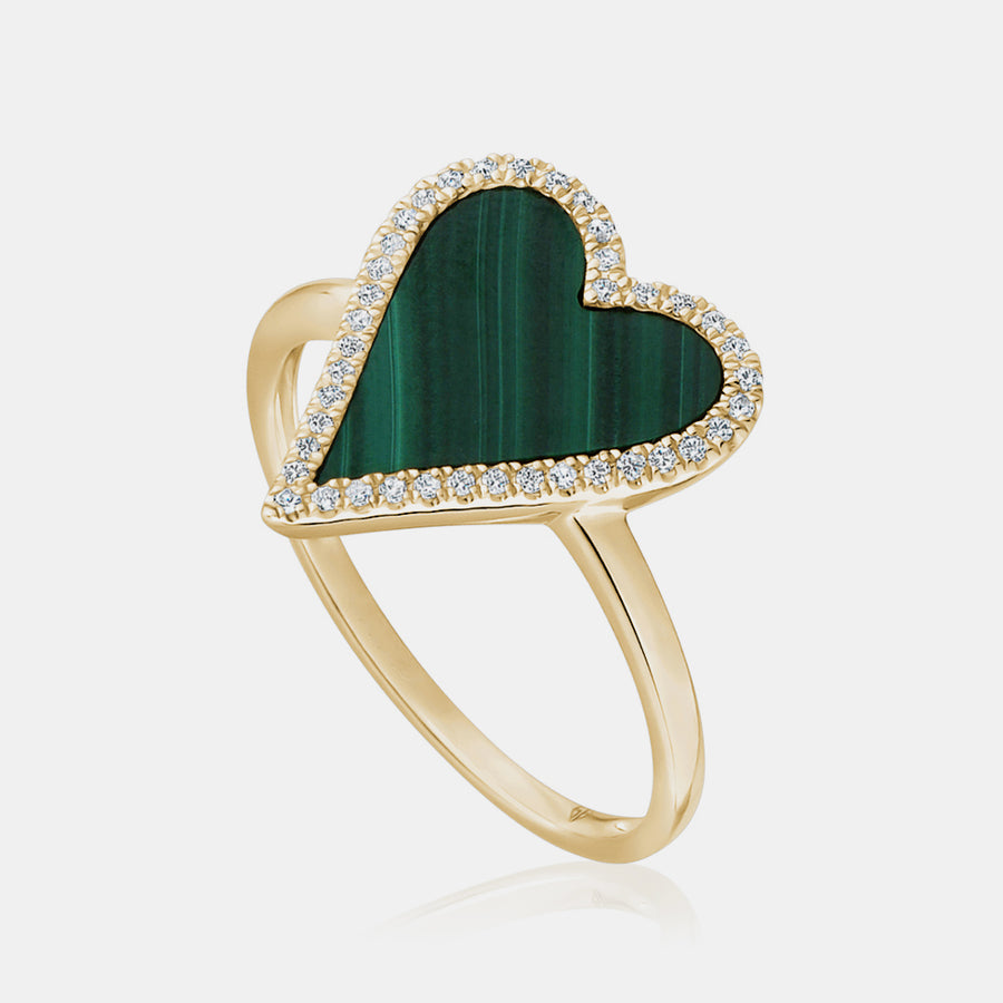 Bague à cœur en malachite bordée de diamants