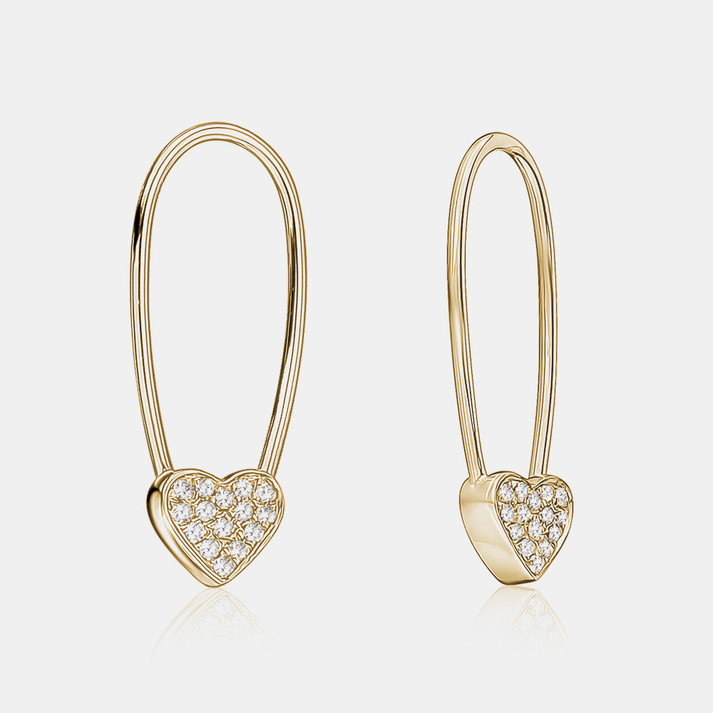 Diamond Heart Safety Pin Earrings