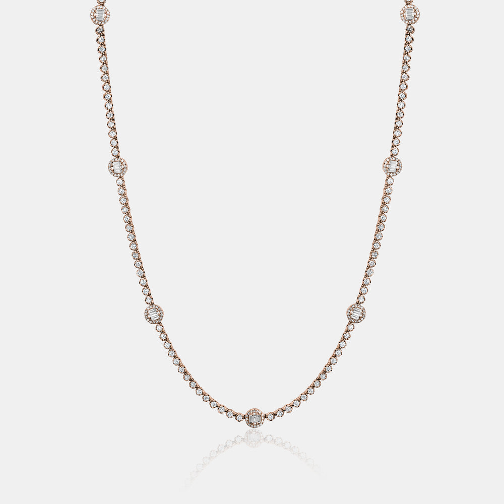 Diamond Station Baguette Tennis Necklace - 14K Rose Gold