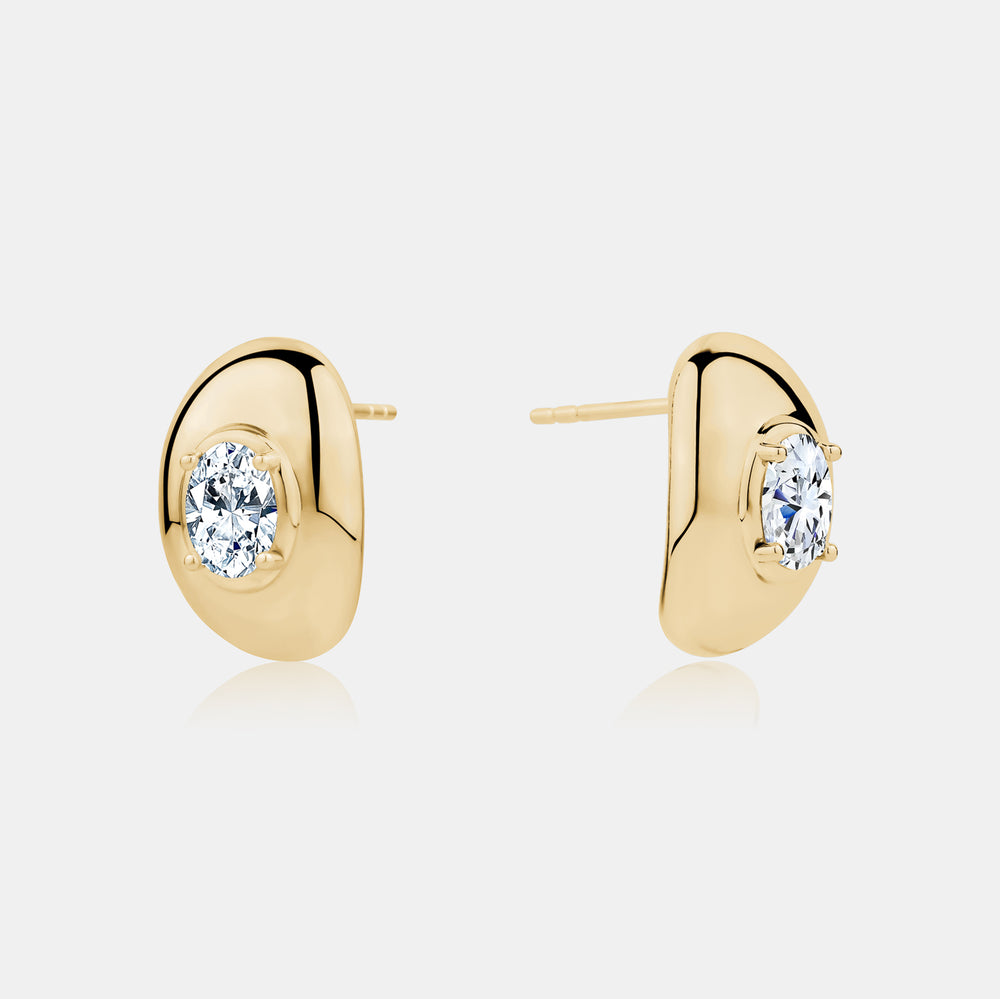 Lab Grown Oval Puffy Earrings - 14K Yellow Gold