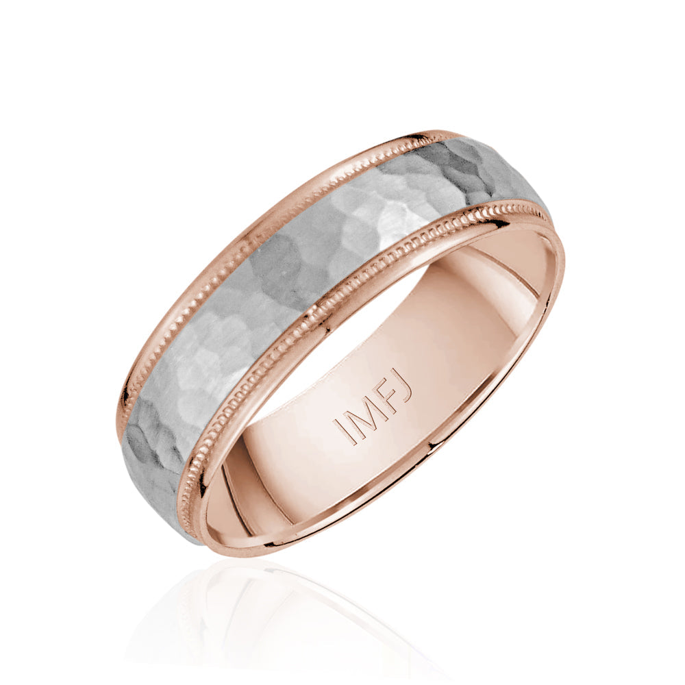 18K Two-Tone Brushed Hammered Center Milgrain Edge Wedding Band