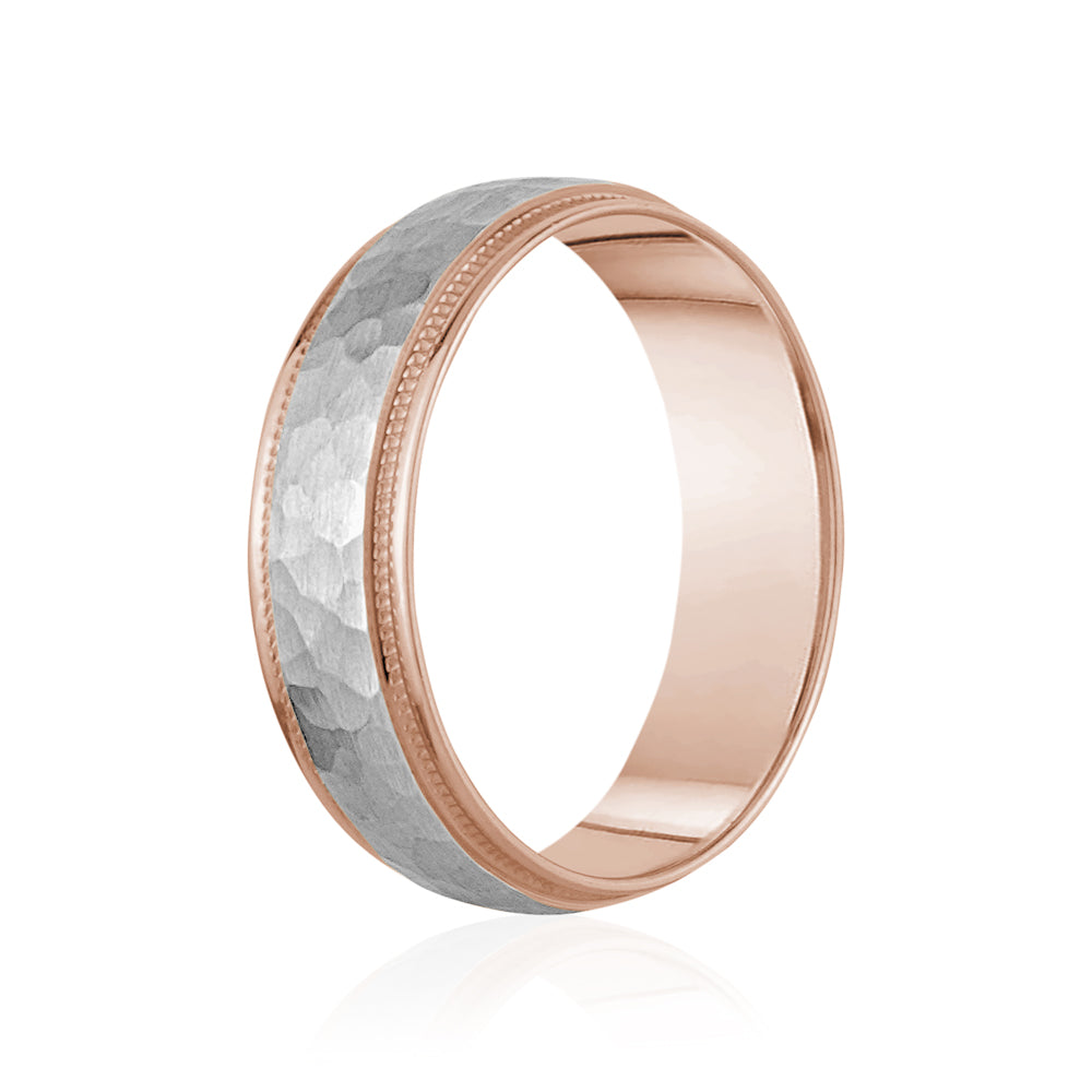 18K Two-Tone Brushed Hammered Center Milgrain Edge Wedding Band