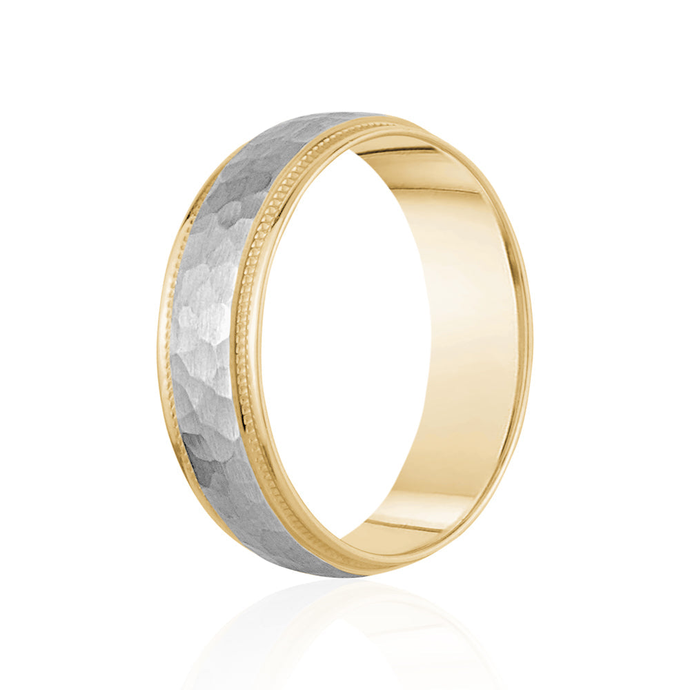 18K Two-Tone Brushed Hammered Center Milgrain Edge Wedding Band