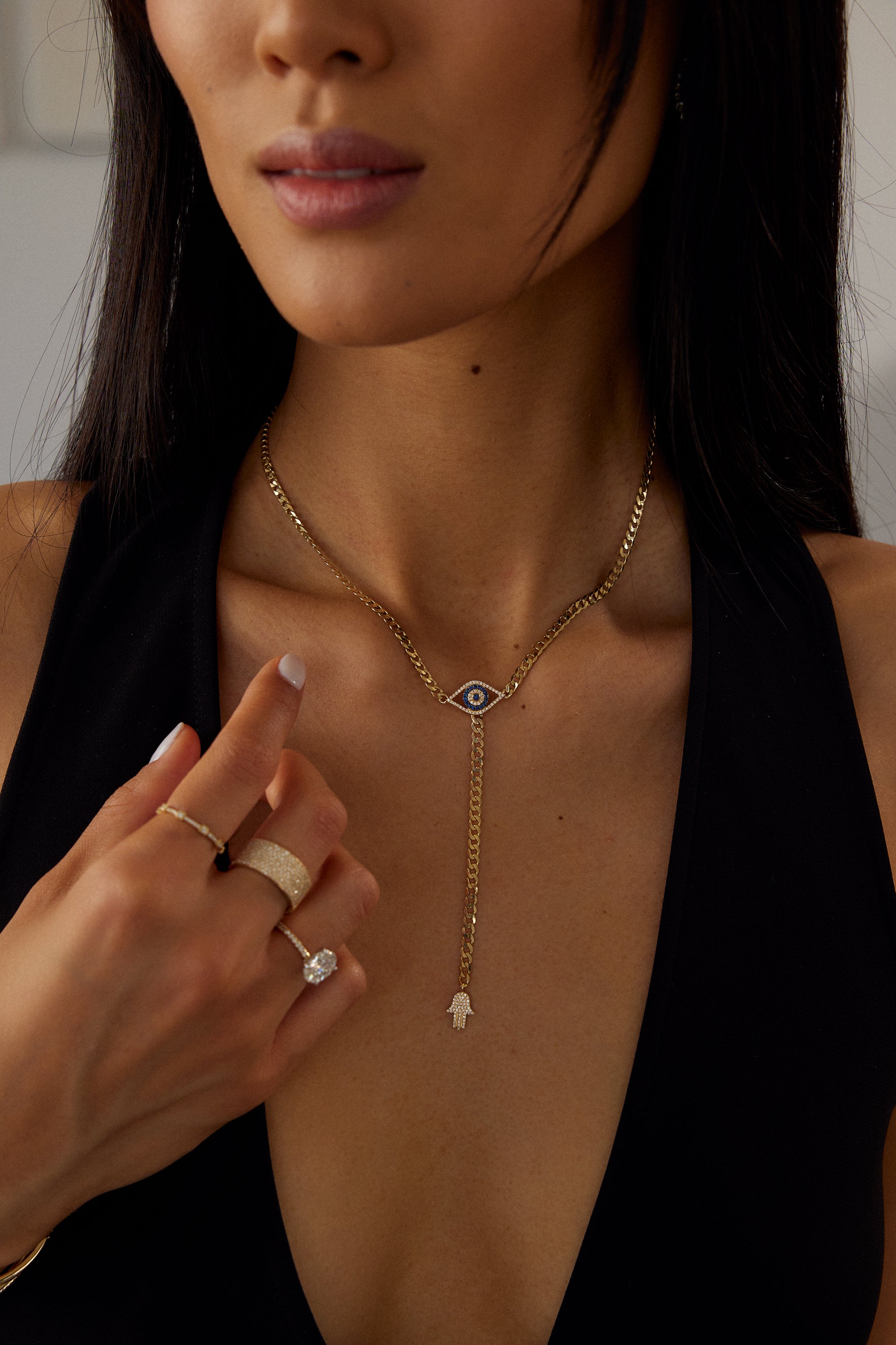 Diamond Evil Eye Hamsa Lariat Necklace
