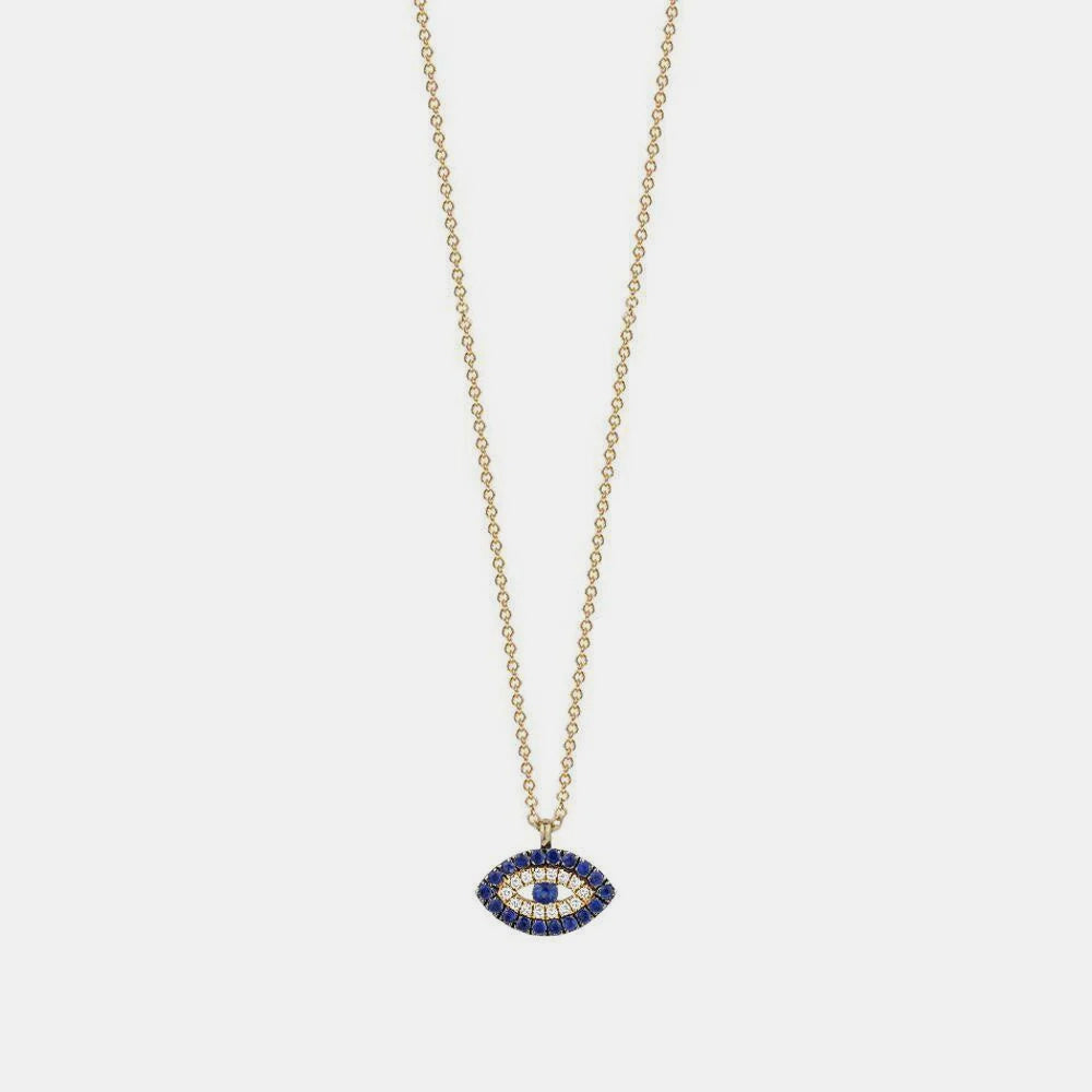Diamond Evil Eye Blue Sapphire Border Necklace