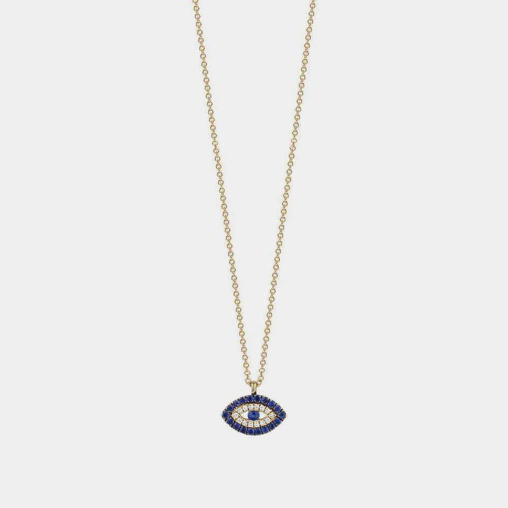 Diamond Evil Eye Blue Sapphire Border Necklace