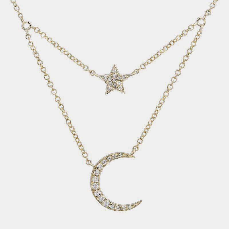 Double Chain Star Moon Necklace - 14K Yellow Gold