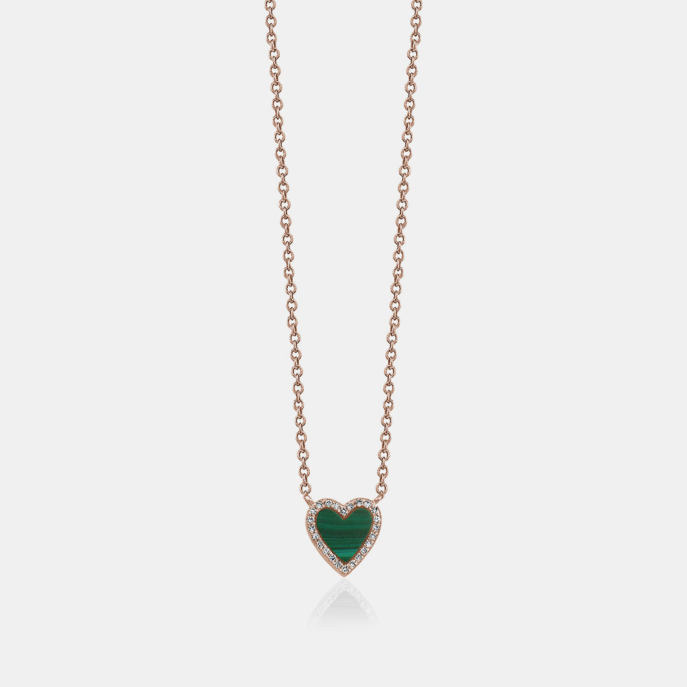 Mini Malachite Diamond Border Heart Necklace