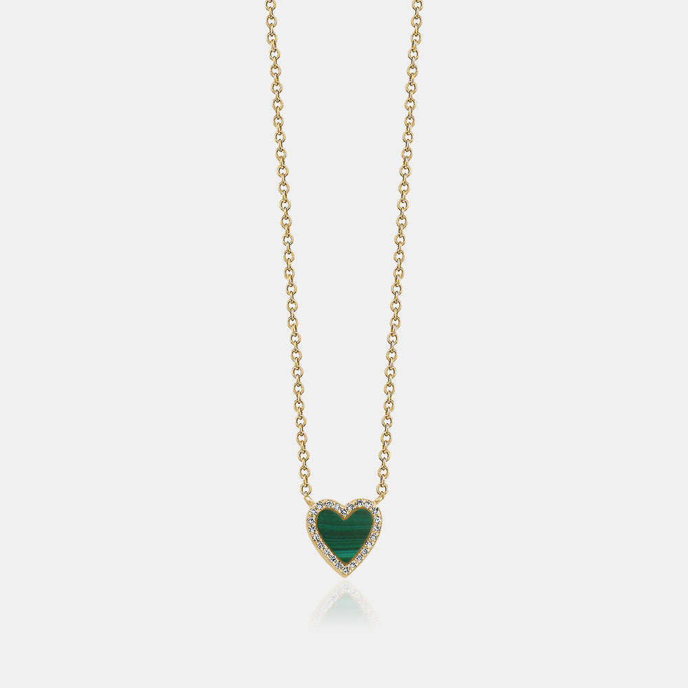 Mini Malachite Diamond Border Heart Necklace
