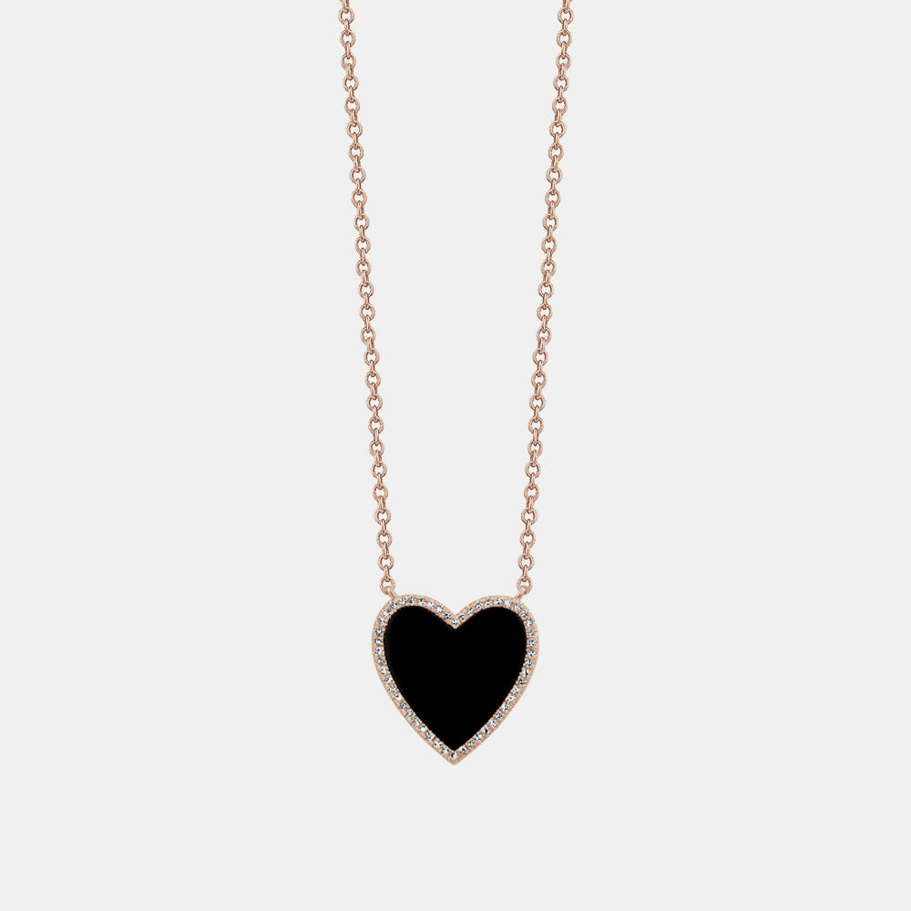 Black Onyx Diamond Border Heart Necklace