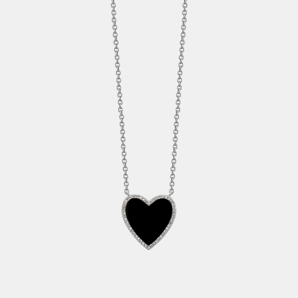 Black Onyx Diamond Border Heart Necklace