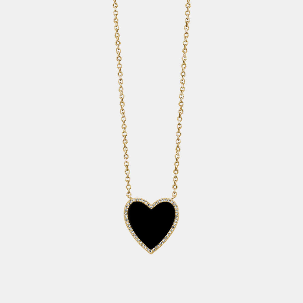 Black Onyx Diamond Border Heart Necklace