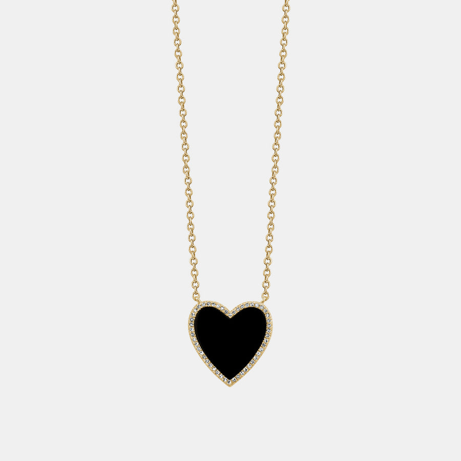 Collier à cœur en onyx noir bordé de diamants
