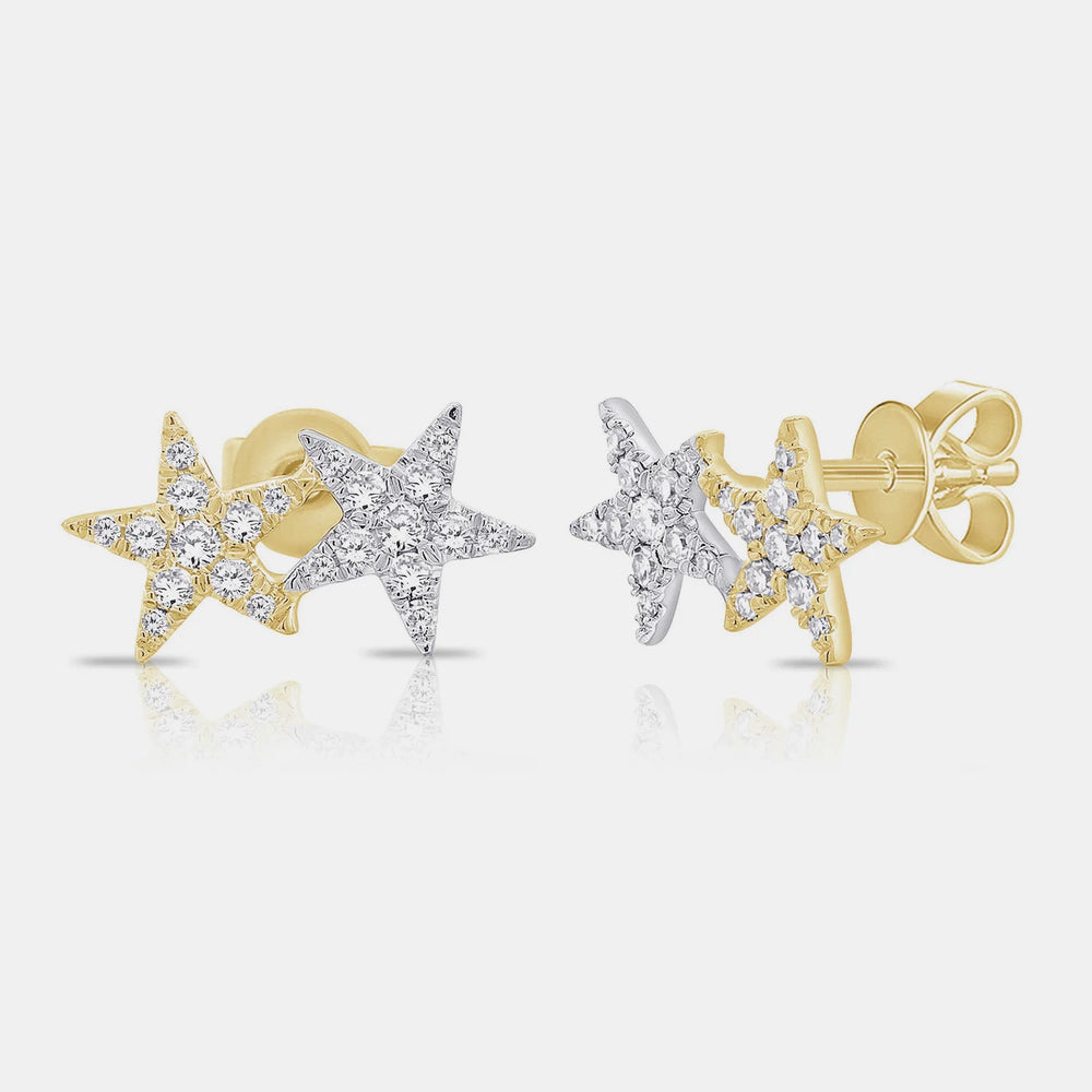 Double Diamond Star Studs - 14K Yellow Gold