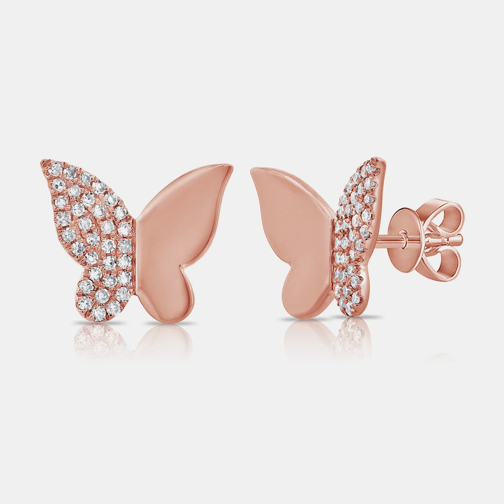 Half Gold Half Pavé Butterfly Studs - 14K Rose Gold