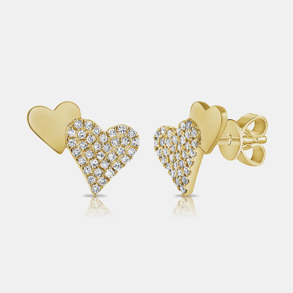 Half Gold Half Pavé Heart Studs - 14K Yellow Gold