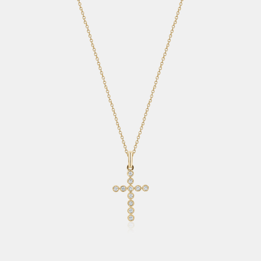 Mini Diamond Milgrain Bezel Cross Necklace - 14K Yellow Gold