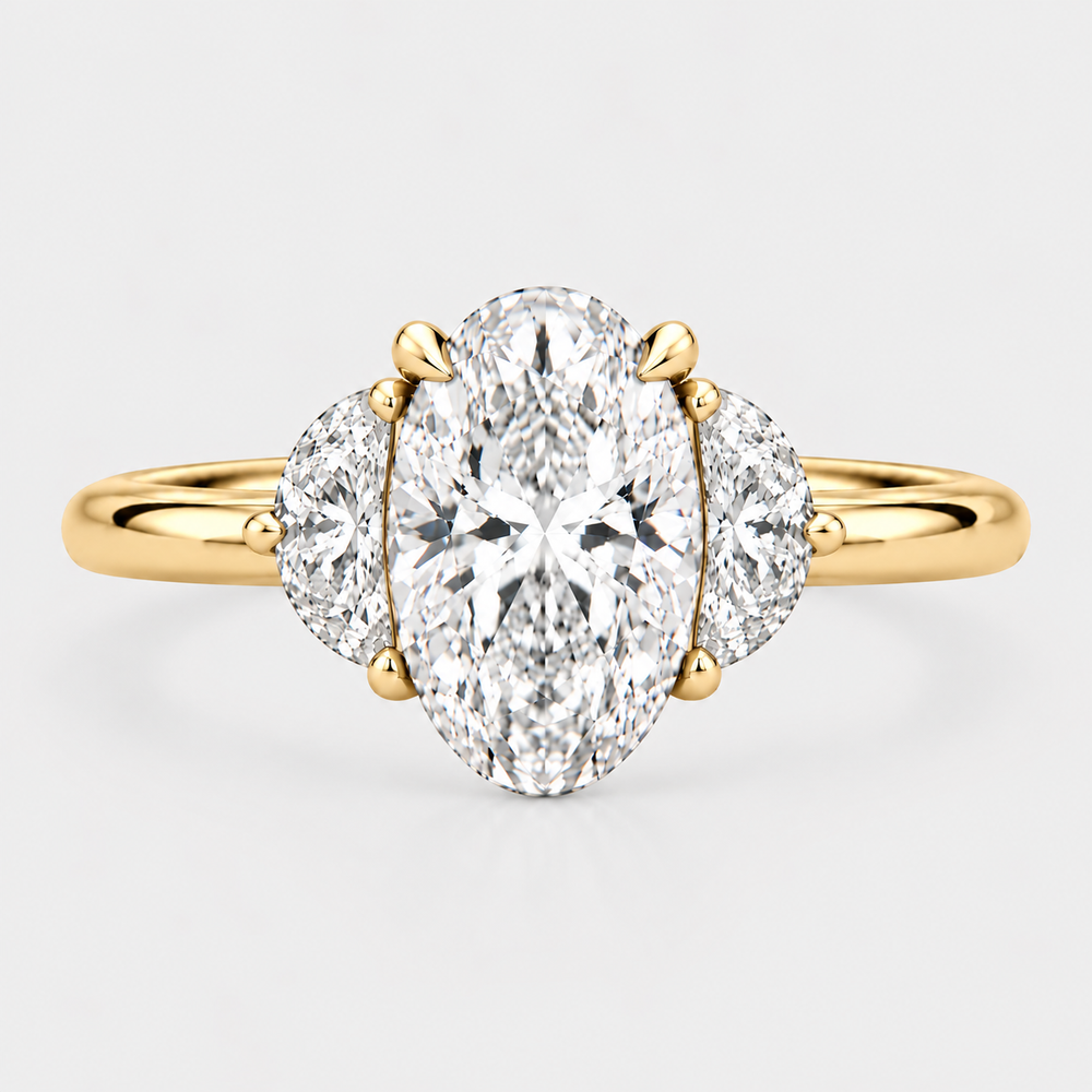 The Oval & Half Moon Trinity Engagement Ring - 14K Yellow Gold
