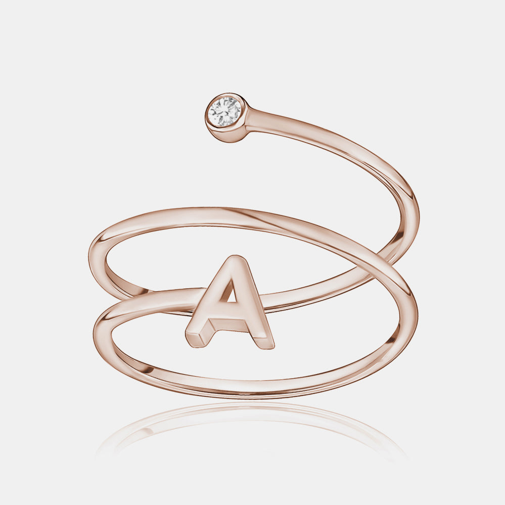 Spiral Ring with Initial and Diamond Bezel - 14K Rose Gold