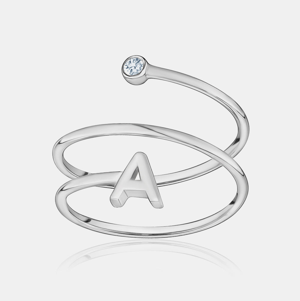 Spiral Ring with Initial and Diamond Bezel - 14K White Gold