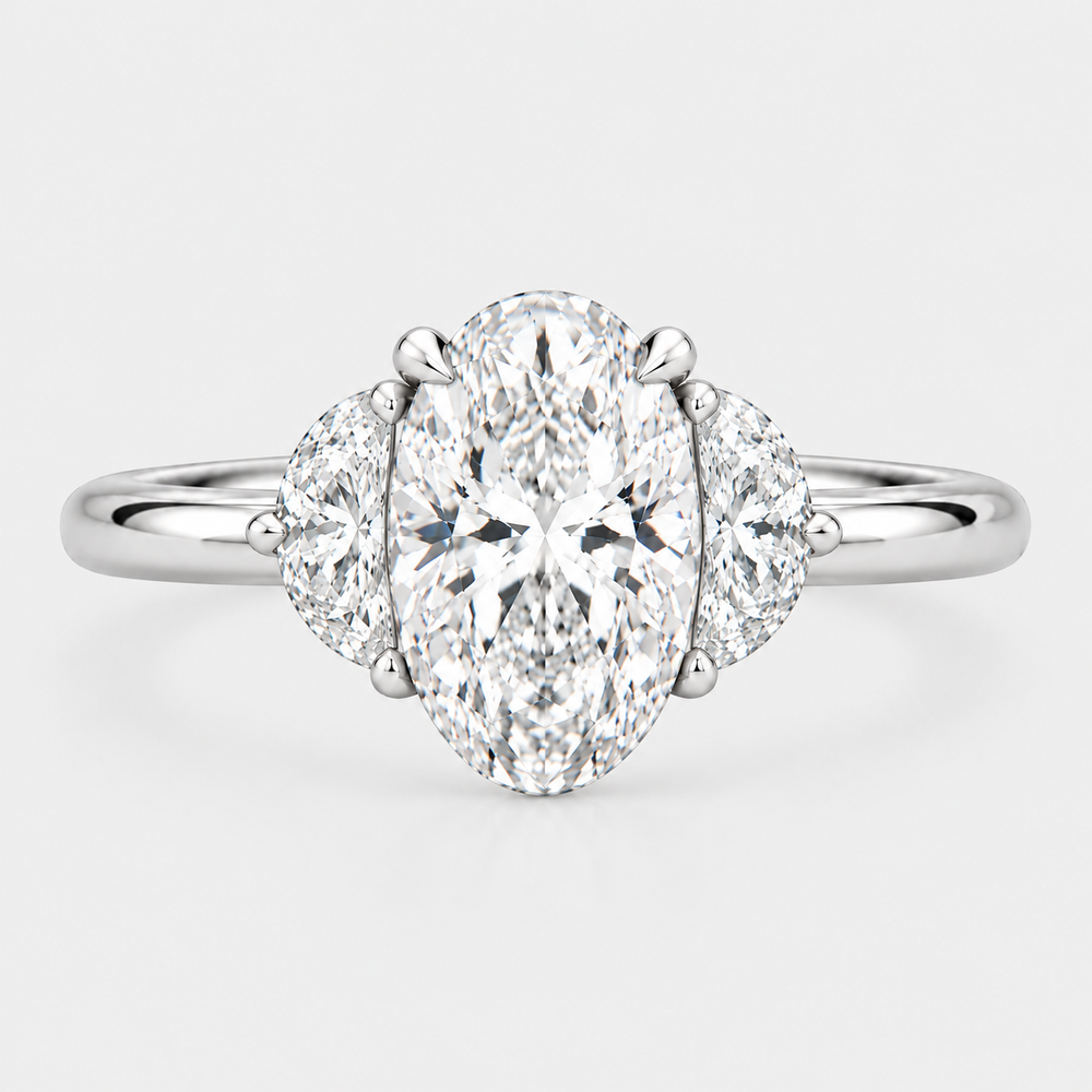 The Oval & Half Moon Trinity Engagement Ring - 14K White Gold