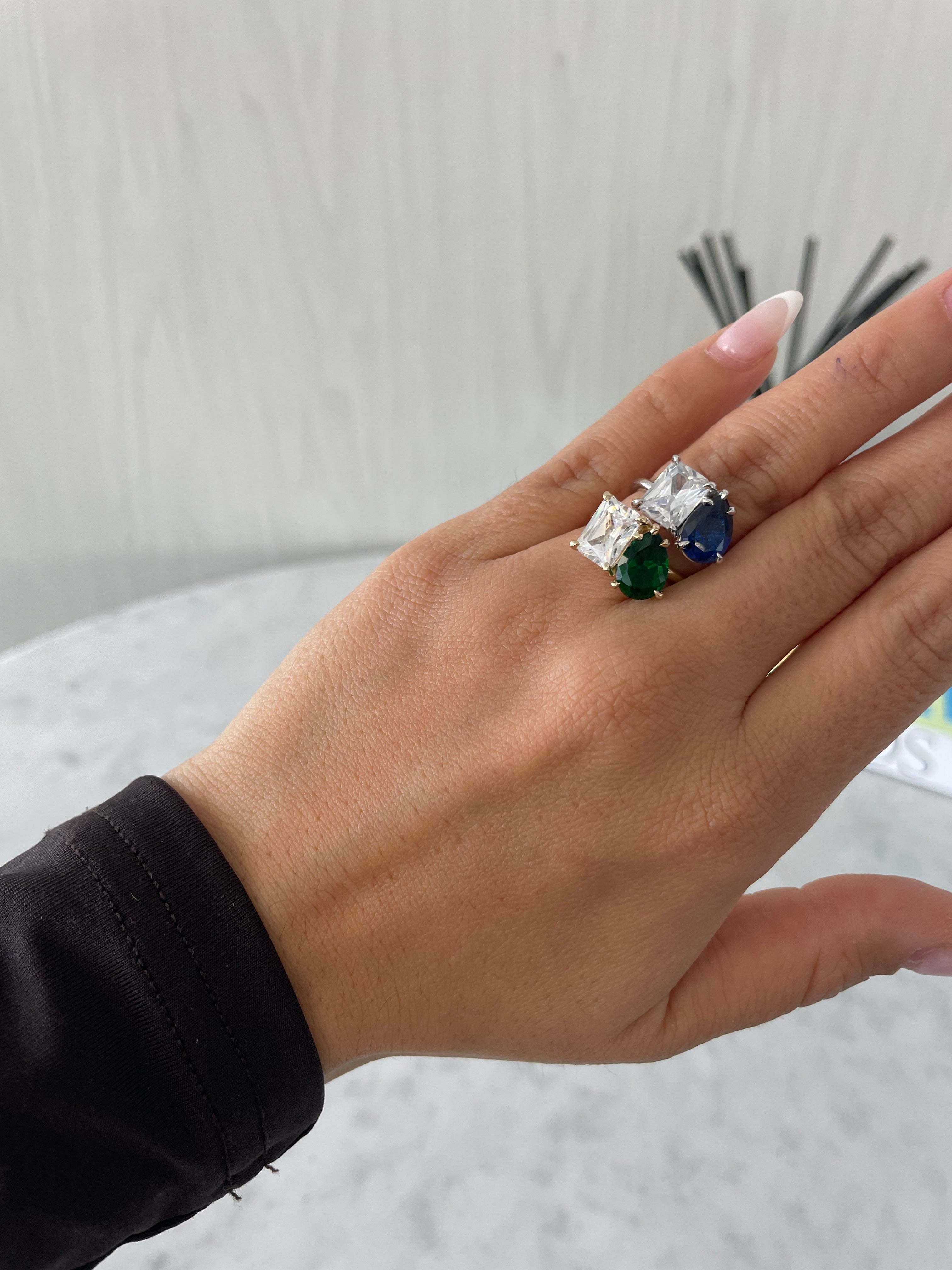 Green Emerald Pear and Emerald Shape Toi et Moi Ring