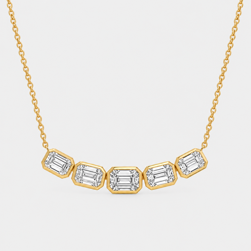 Five Stone Bezel Set Emerald cut Diamond Necklace - 14K Yellow Gold